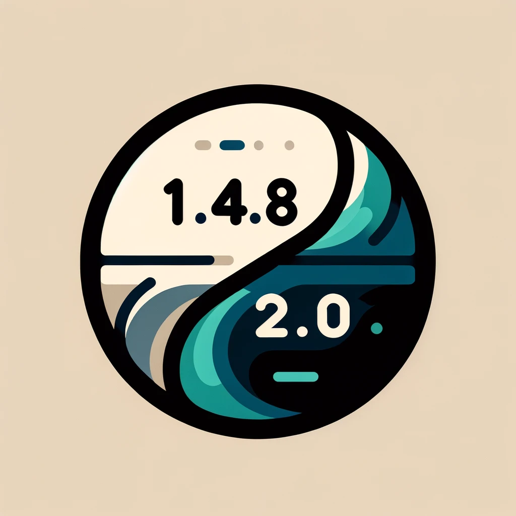 DALLE 2024 02 27 19.28.01 Design a round flat icon that embodies the upgrade from Version 1.4.8 to Version 2.0. The icon should have a minimalistic style with a limited color 